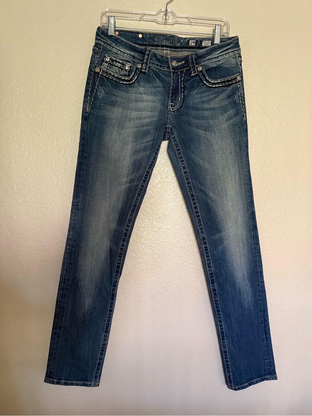 Miss Me Skinny Jeans in Washed Blue Denim missing 1 back pocket button